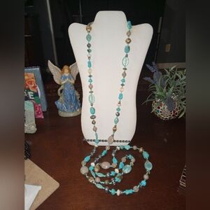 LONG TURQUOISE AND TAN BEADED NECKLACE
